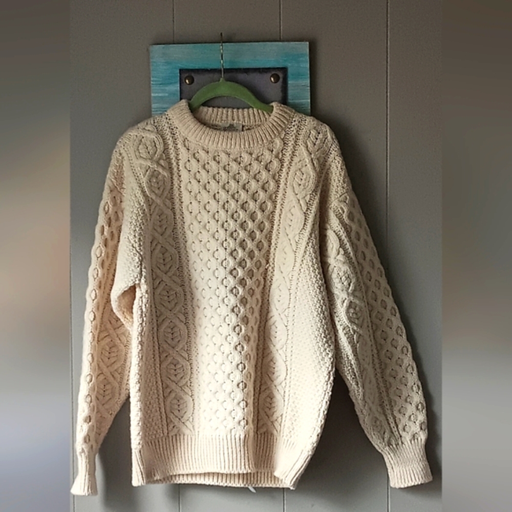 Vintage Cream Bonner of Ireland Womens 100% Wool Cable Knit Sweater Size XL